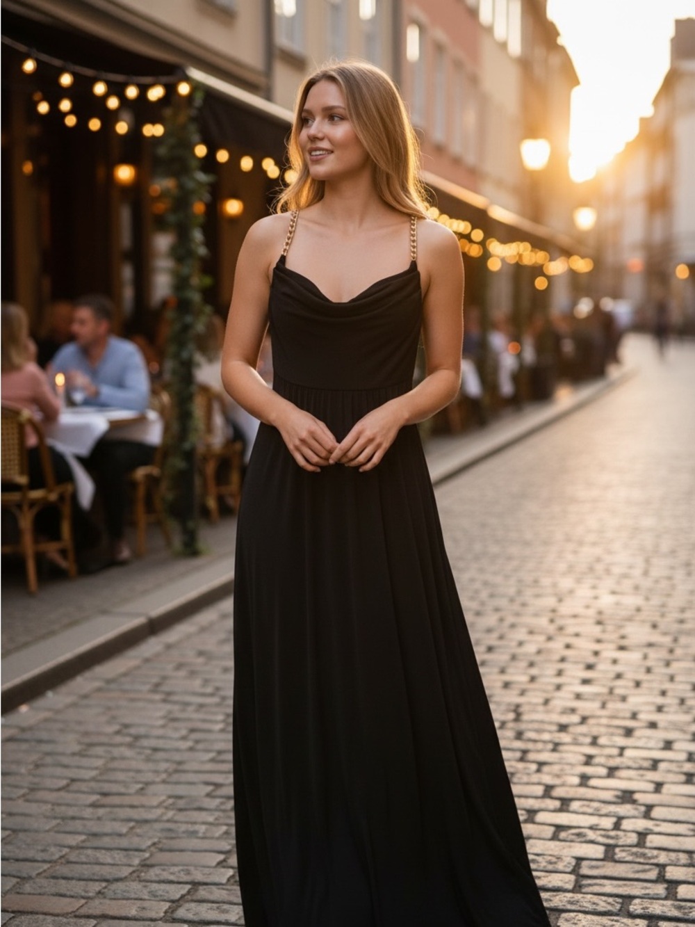 MARINA Black Strapless Maxi Dress with Gold Chain Straps